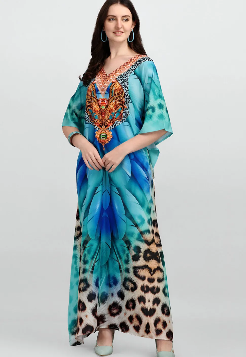 Digital Printed Polyester Kaftan in Blue