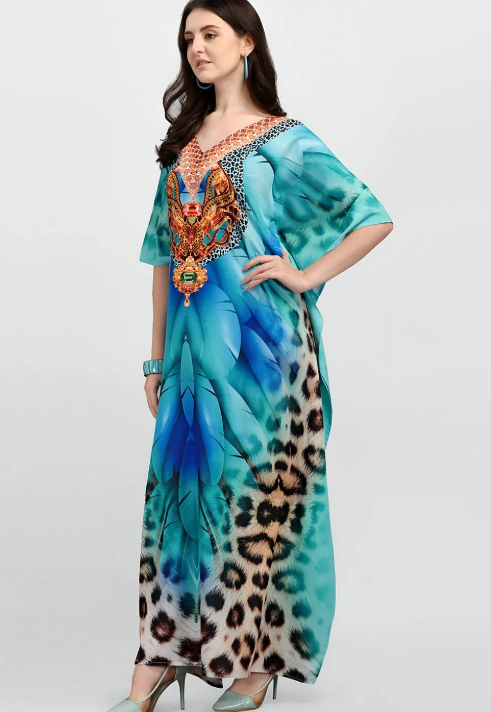 Digital Printed Polyester Kaftan in Blue