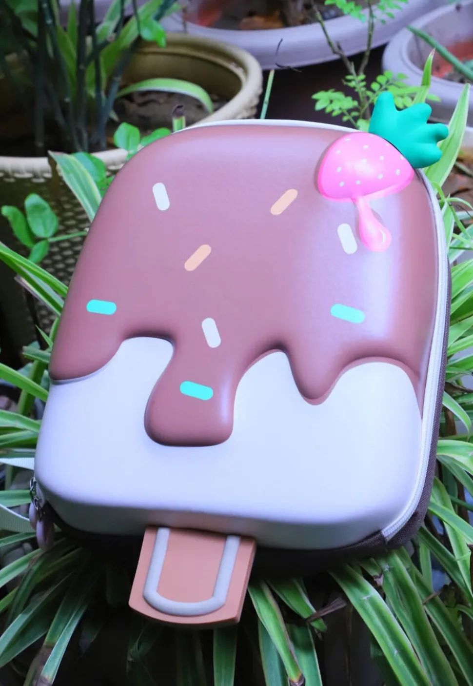 Digital Printed Polyester Backpack in Brown and Off White