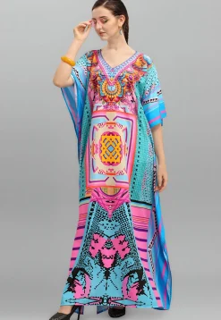 Digital Printed Polyester Kaftan in Blue