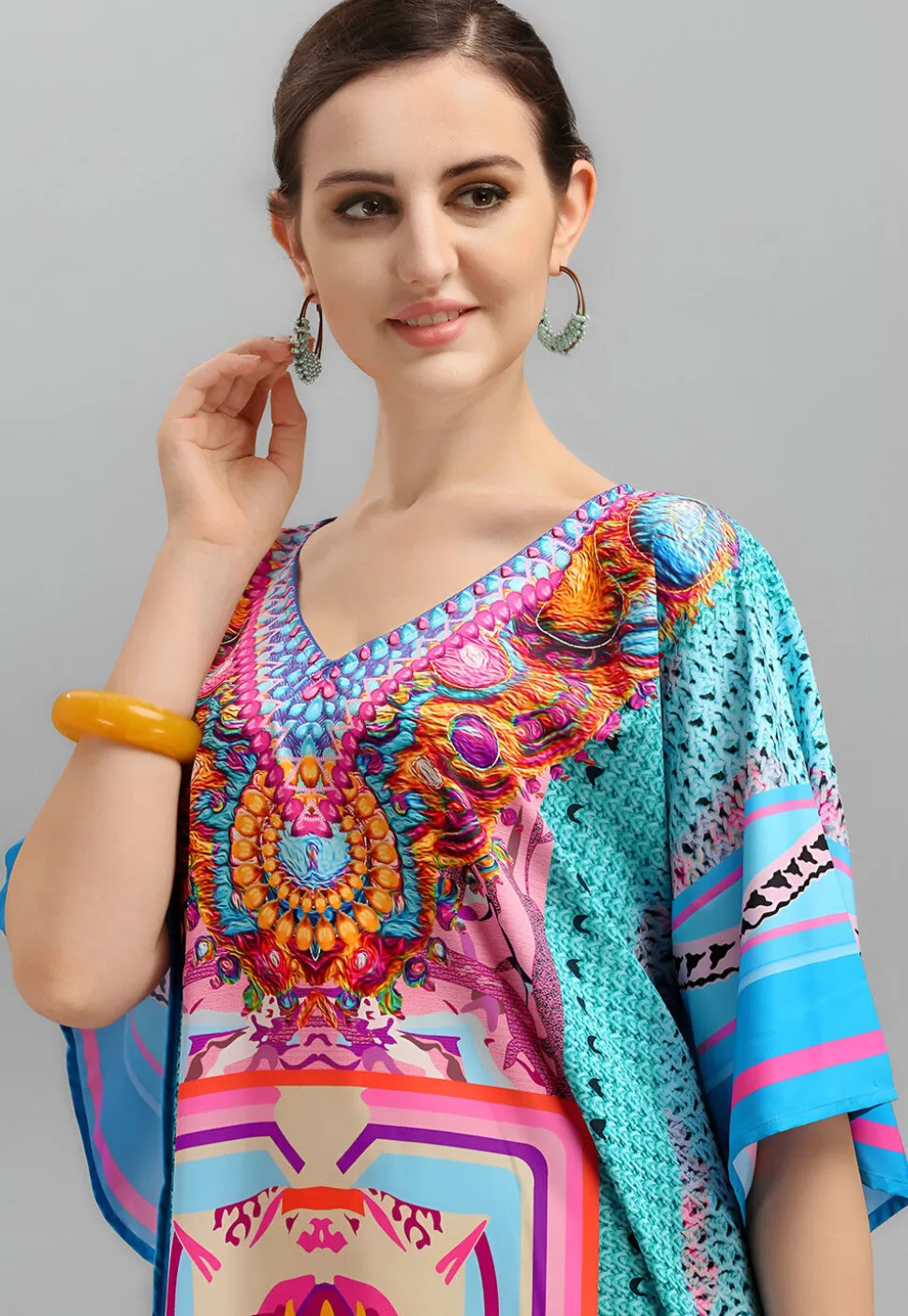 Digital Printed Polyester Kaftan in Blue
