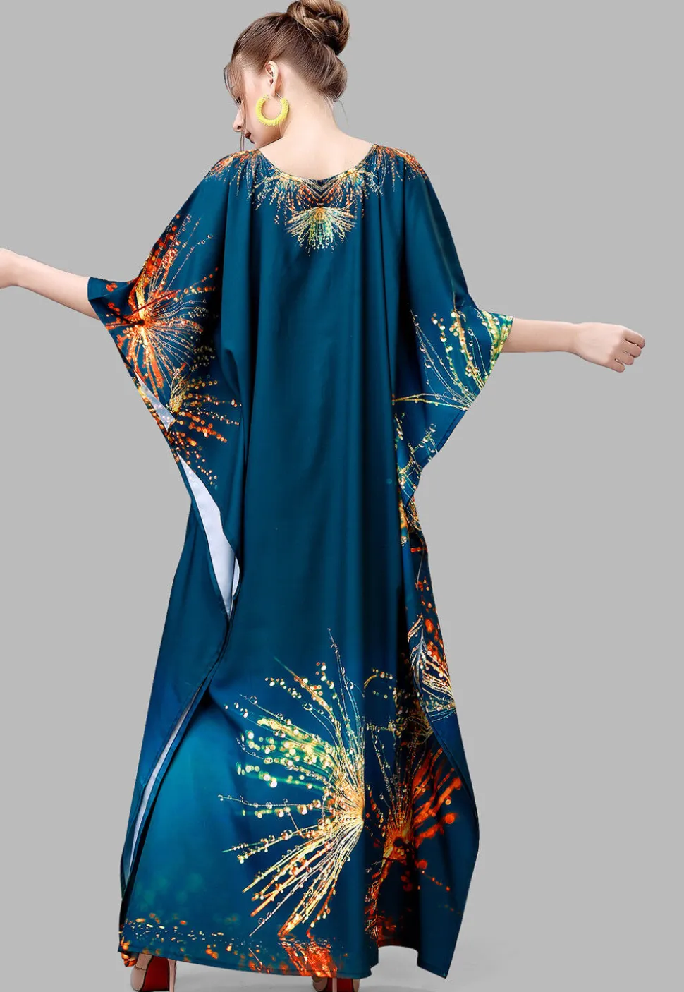 Digital Printed Polyester Kaftan in Teal Blue