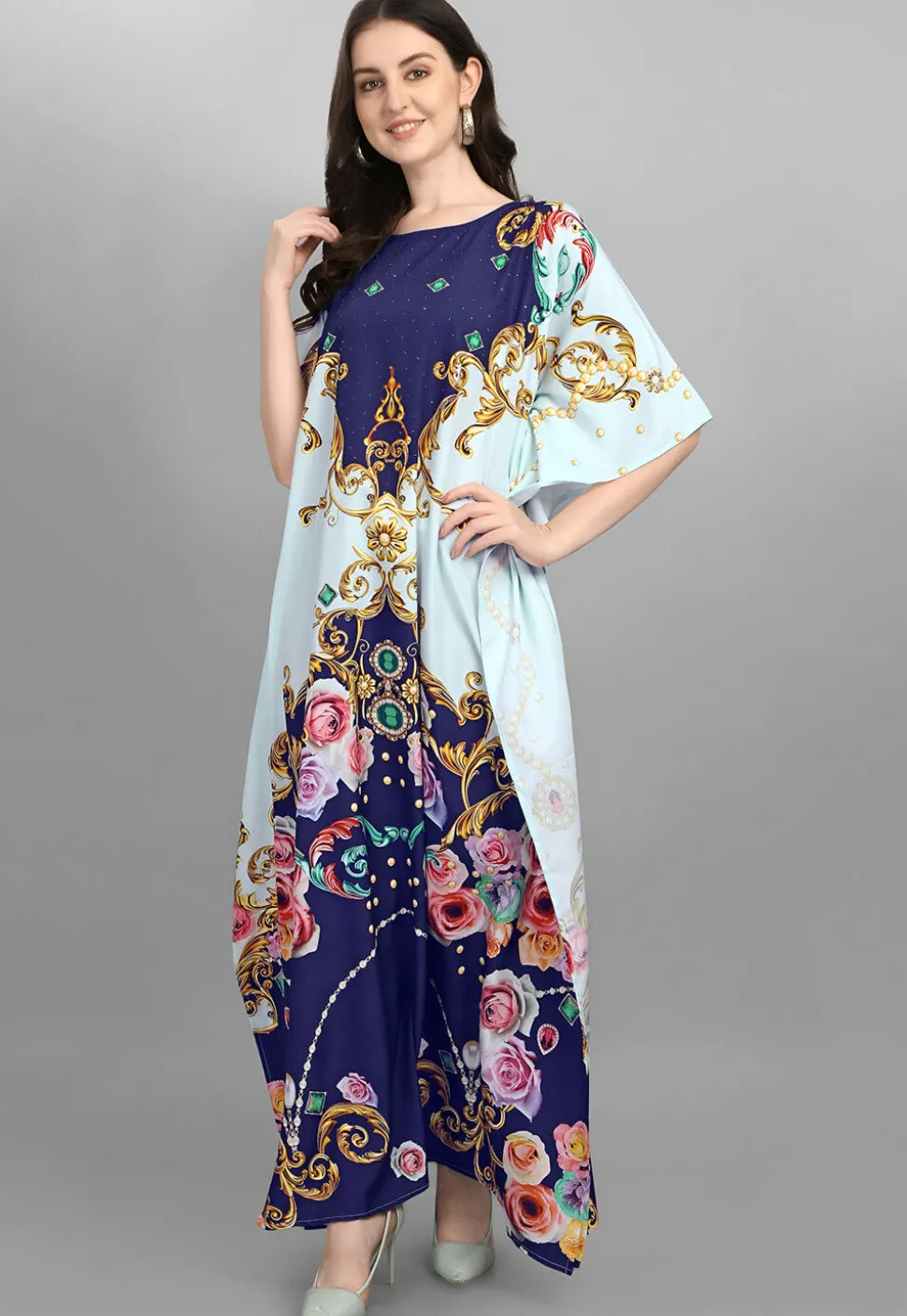 Digital Printed Polyester Kaftan in Blue