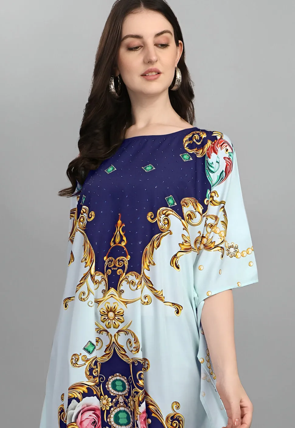 Digital Printed Polyester Kaftan in Blue