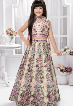 Digital Printed Polyester Lehenga in Cream