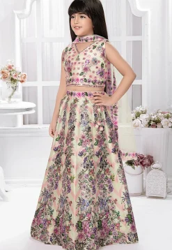 Digital Printed Polyester Lehenga in Cream