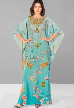 Digital Printed Polyester Kaftan in Light Blue