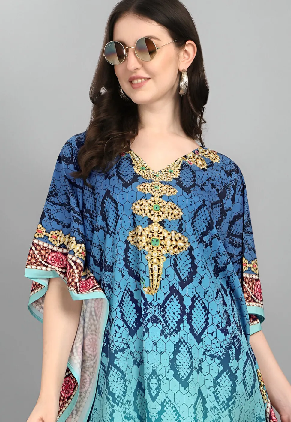 Digital Printed Polyester Kaftan in Blue