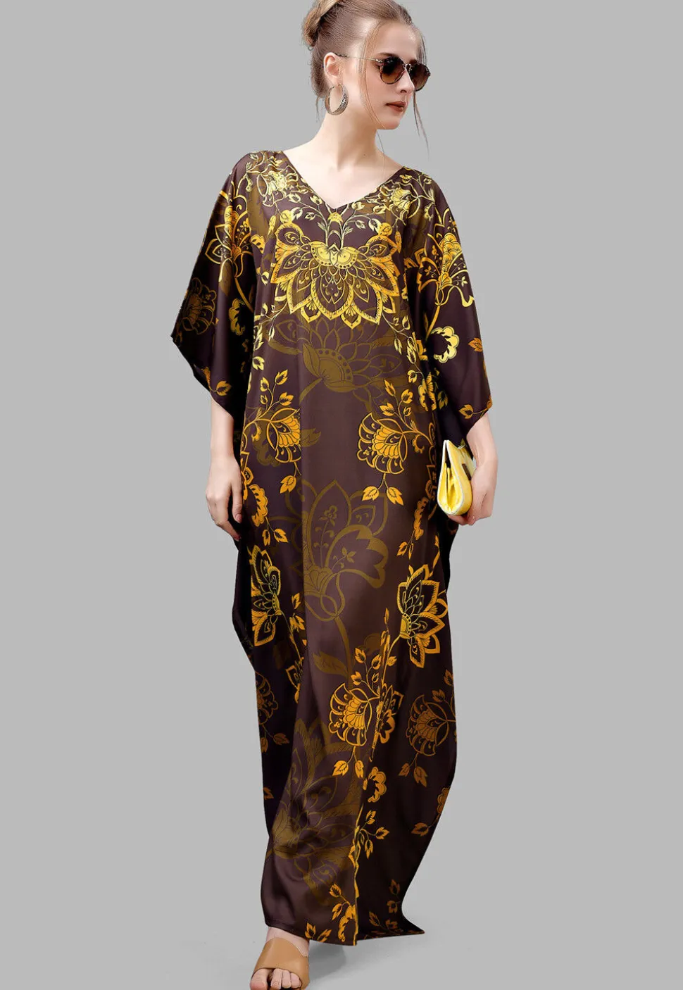 Digital Printed Polyester Kaftan in Brown