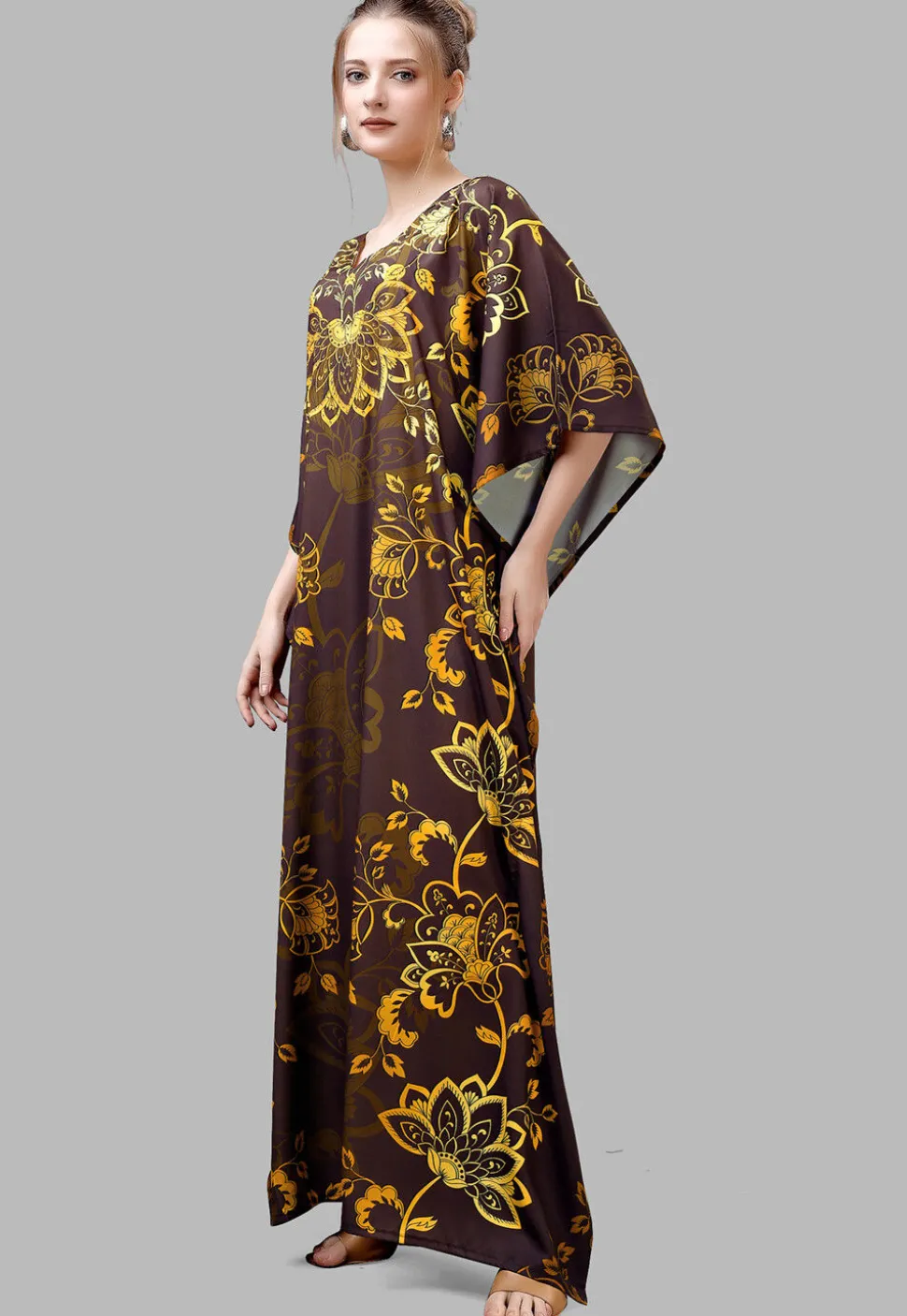 Digital Printed Polyester Kaftan in Brown