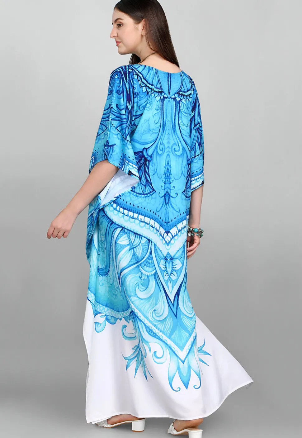 Digital Printed Polyester Kaftan in Blue