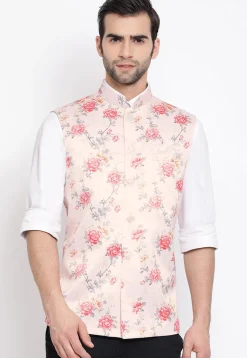 Digital Printed Polyester Nehru Jacket in Baby Pink