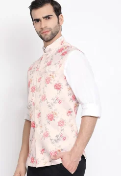 Digital Printed Polyester Nehru Jacket in Baby Pink