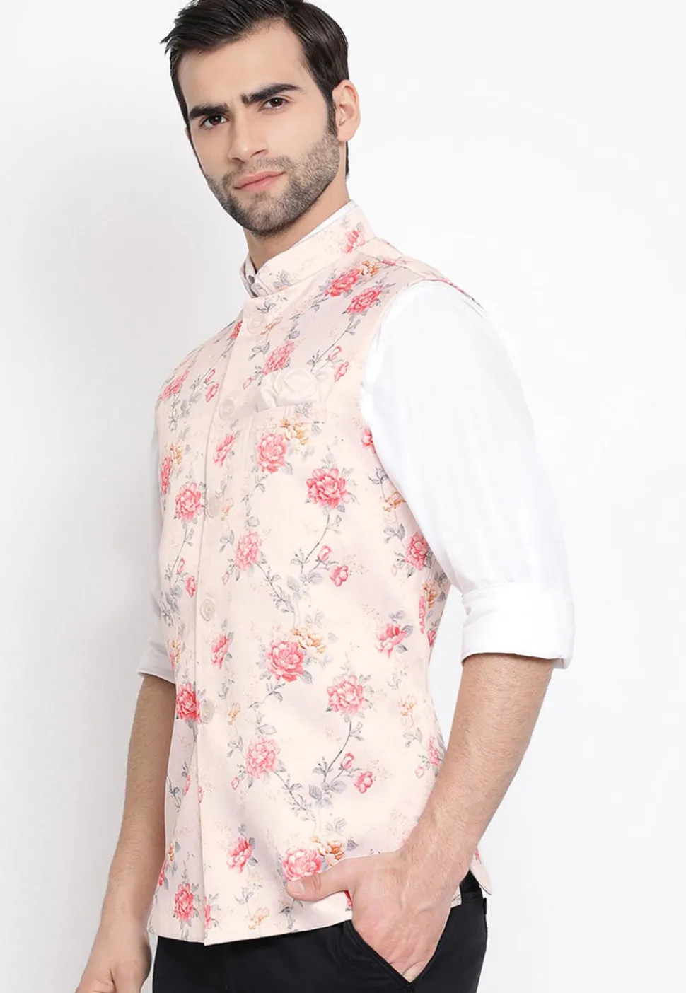 Digital Printed Polyester Nehru Jacket in Baby Pink