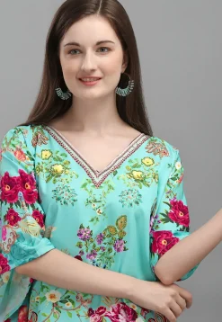 Digital Printed Polyester Kaftan in Sea Green