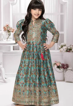 Digital Printed Polyester Gown in Blue