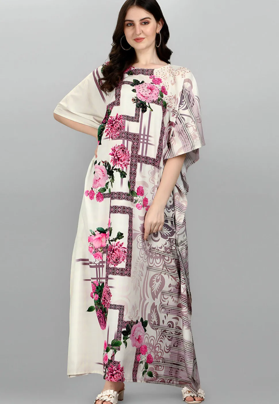 Digital Printed Polyester Kaftan in Off White