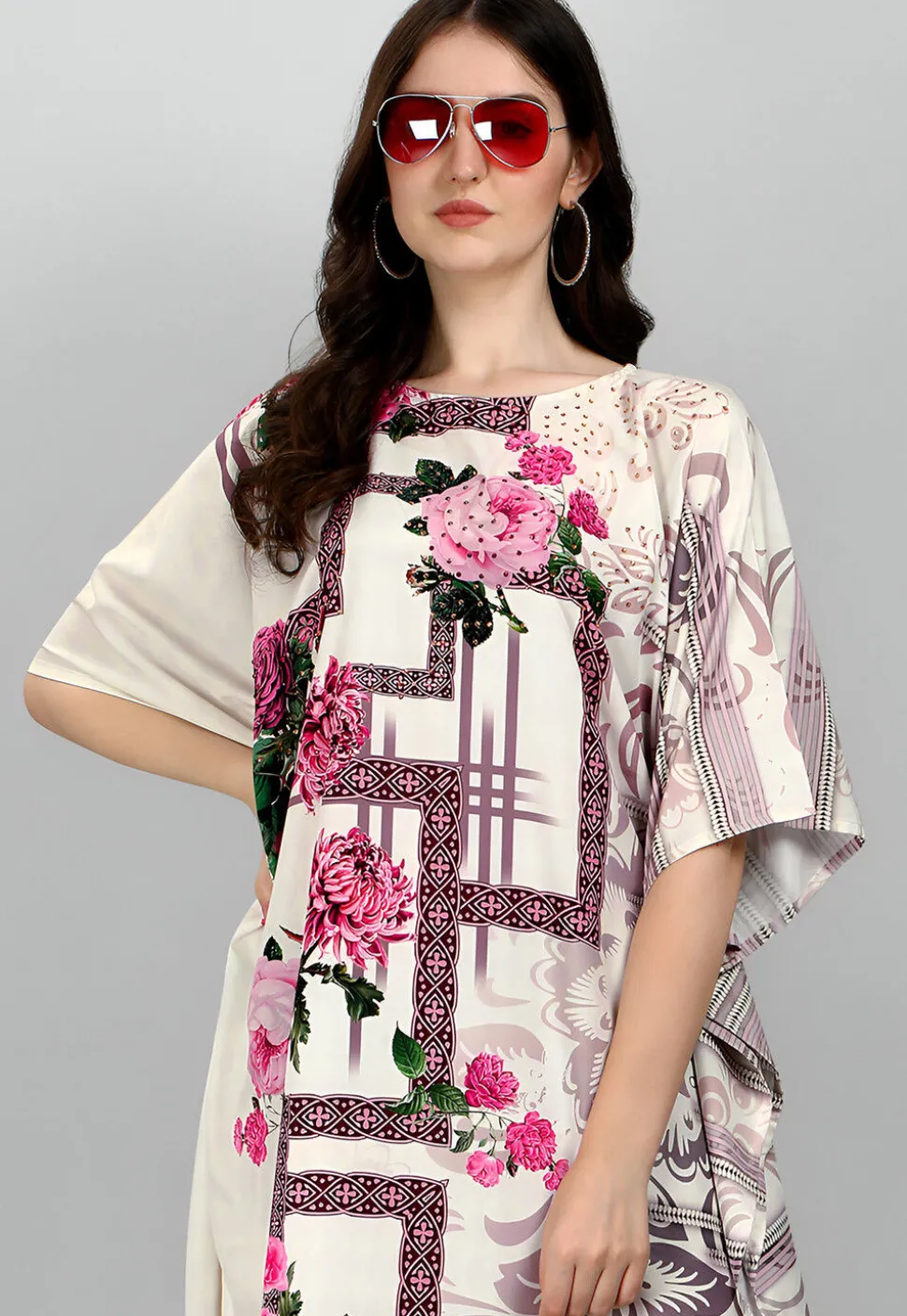 Digital Printed Polyester Kaftan in Off White