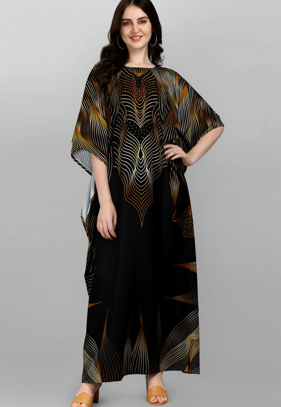 Digital Printed Polyester Kaftan in Black