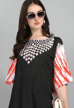 Digital Printed Polyester Kaftan in Black and Off White