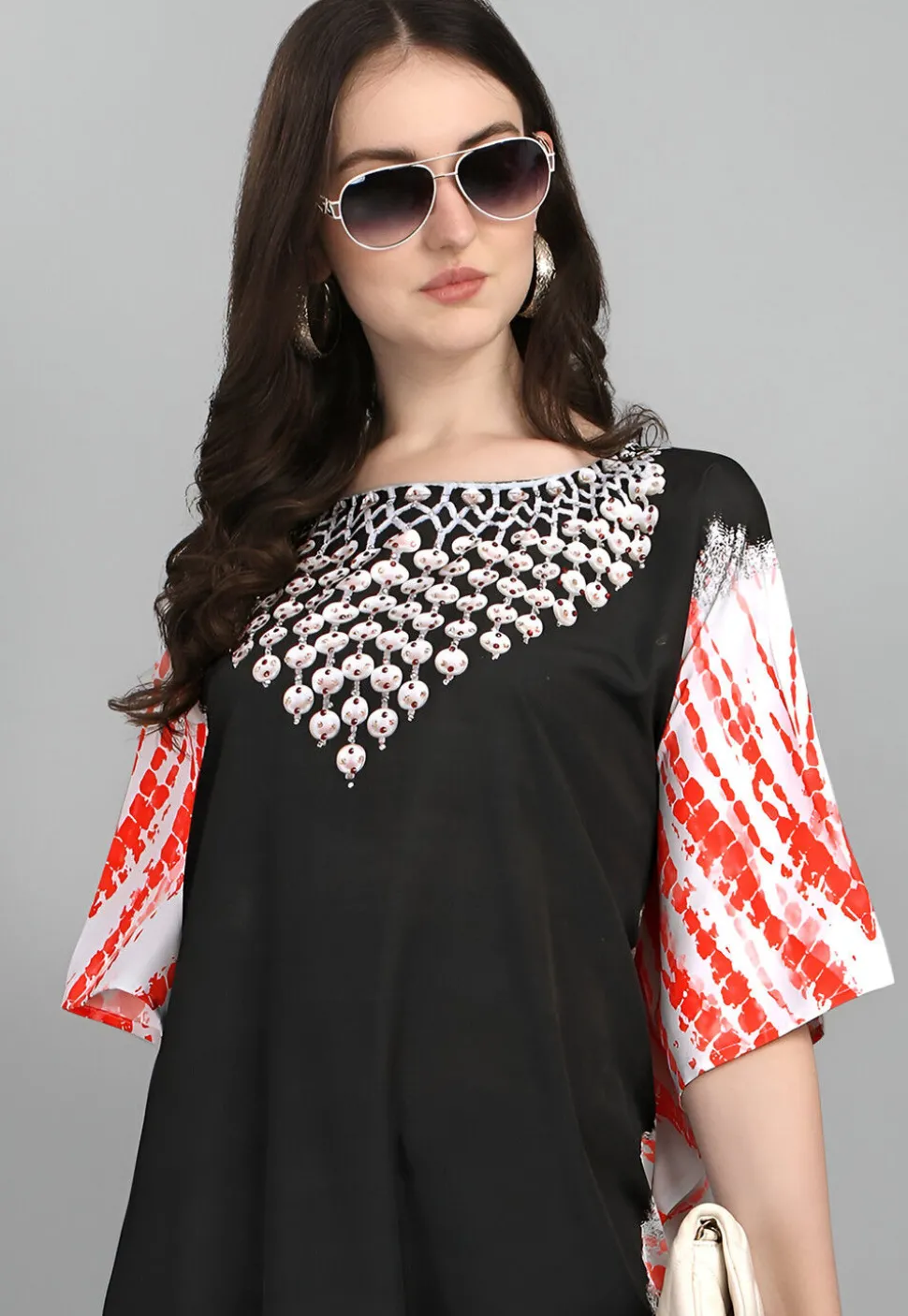 Digital Printed Polyester Kaftan in Black and Off White