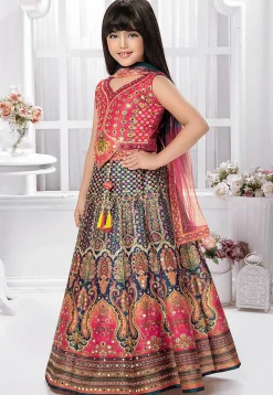 Digital Printed Polyester Lehenga in Navy Blue