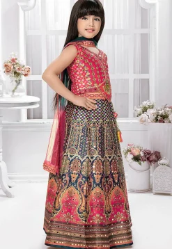 Digital Printed Polyester Lehenga in Navy Blue