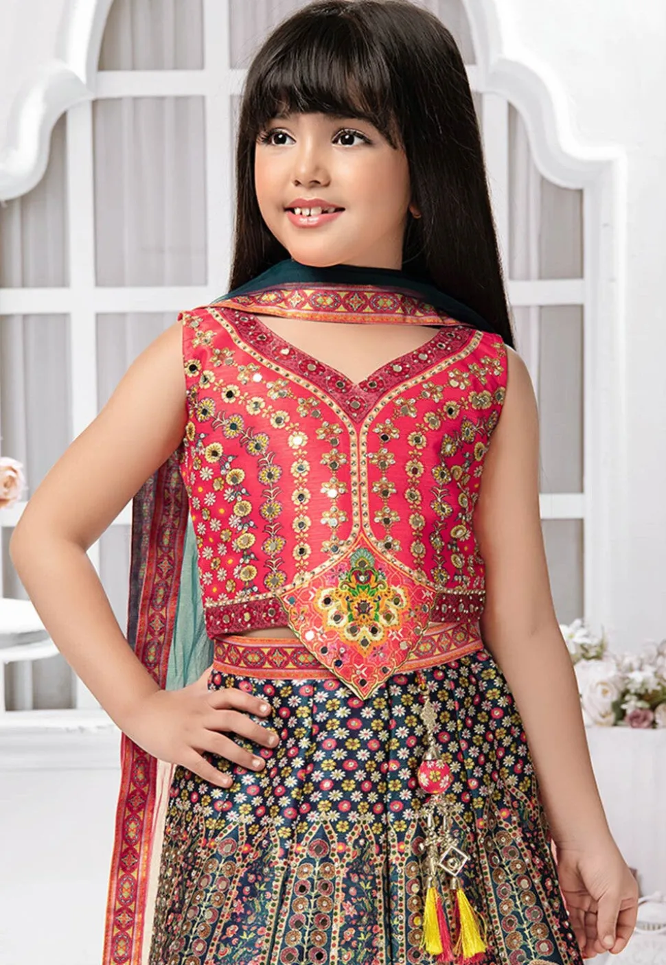 Digital Printed Polyester Lehenga in Navy Blue