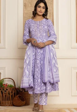 Digital Printed Pure Cotton A Line Suit in Light Purple