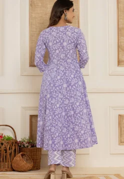 Digital Printed Pure Cotton A Line Suit in Light Purple