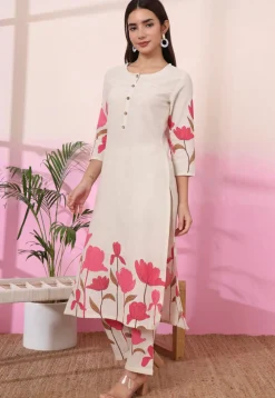 Digital Printed Pure Cotton Co Ord Set in Cream