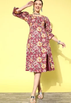 Digital Printed Pure Cotton Midi Dress in Magenta