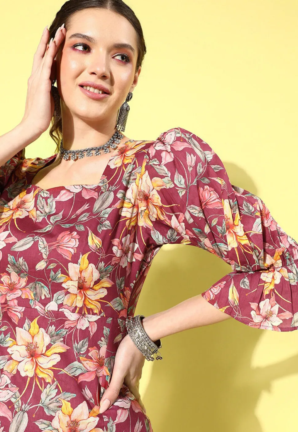 Digital Printed Pure Cotton Midi Dress in Magenta