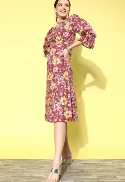 Digital Printed Pure Cotton Midi Dress in Magenta