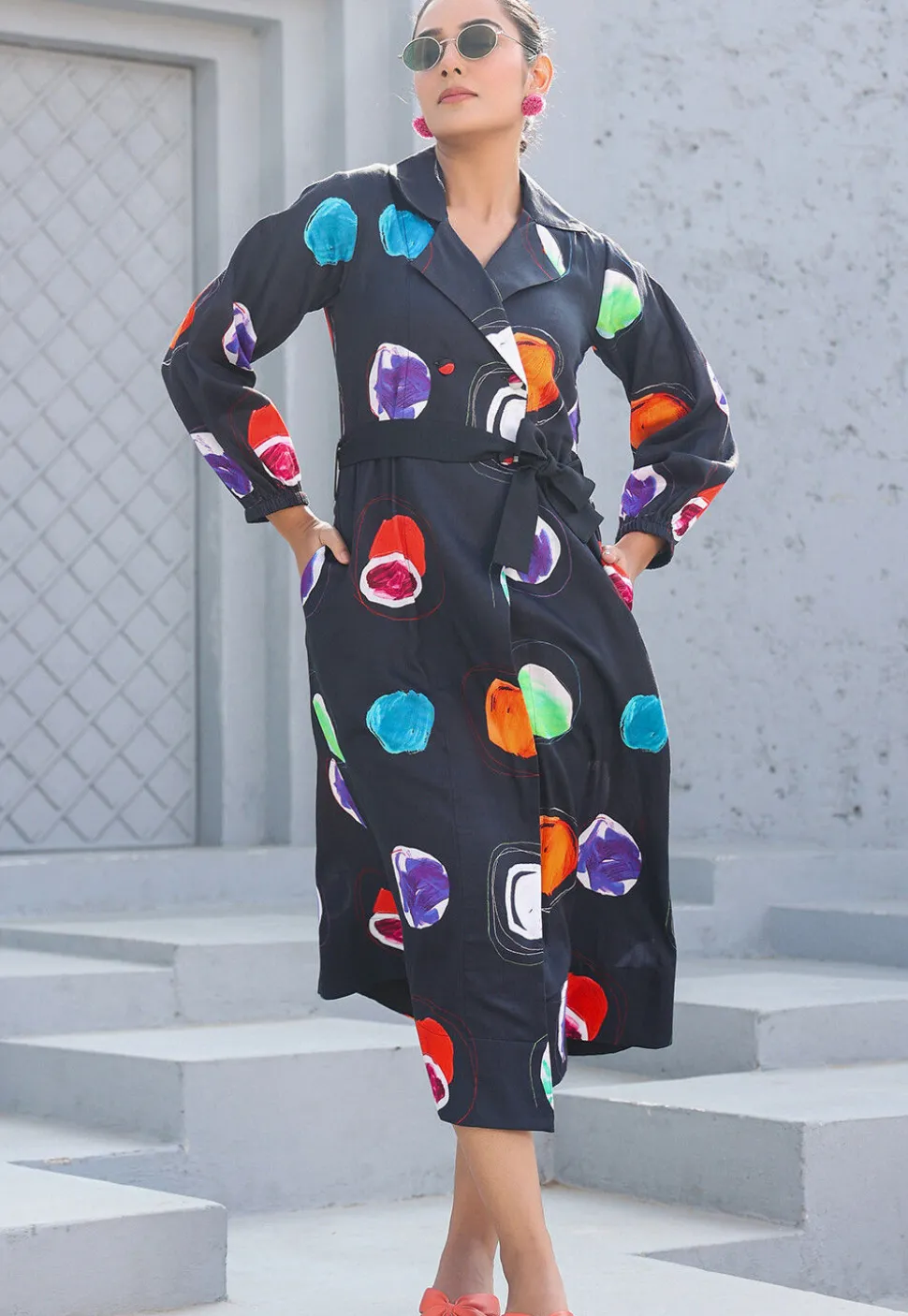 Digital Printed Pure Cotton A Line Dress in Black