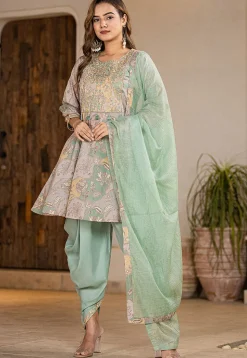 Digital Printed Pure Cotton Punjabi Suit in Light Fawn and Pastel Green
