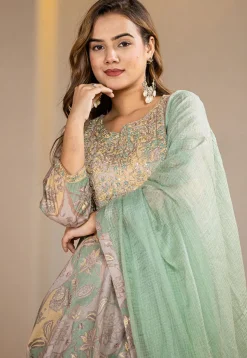 Digital Printed Pure Cotton Punjabi Suit in Light Fawn and Pastel Green