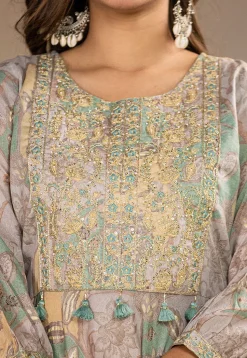 Digital Printed Pure Cotton Punjabi Suit in Light Fawn and Pastel Green