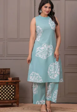 Digital Printed Pure Cotton Co Ord Set in Sea Green