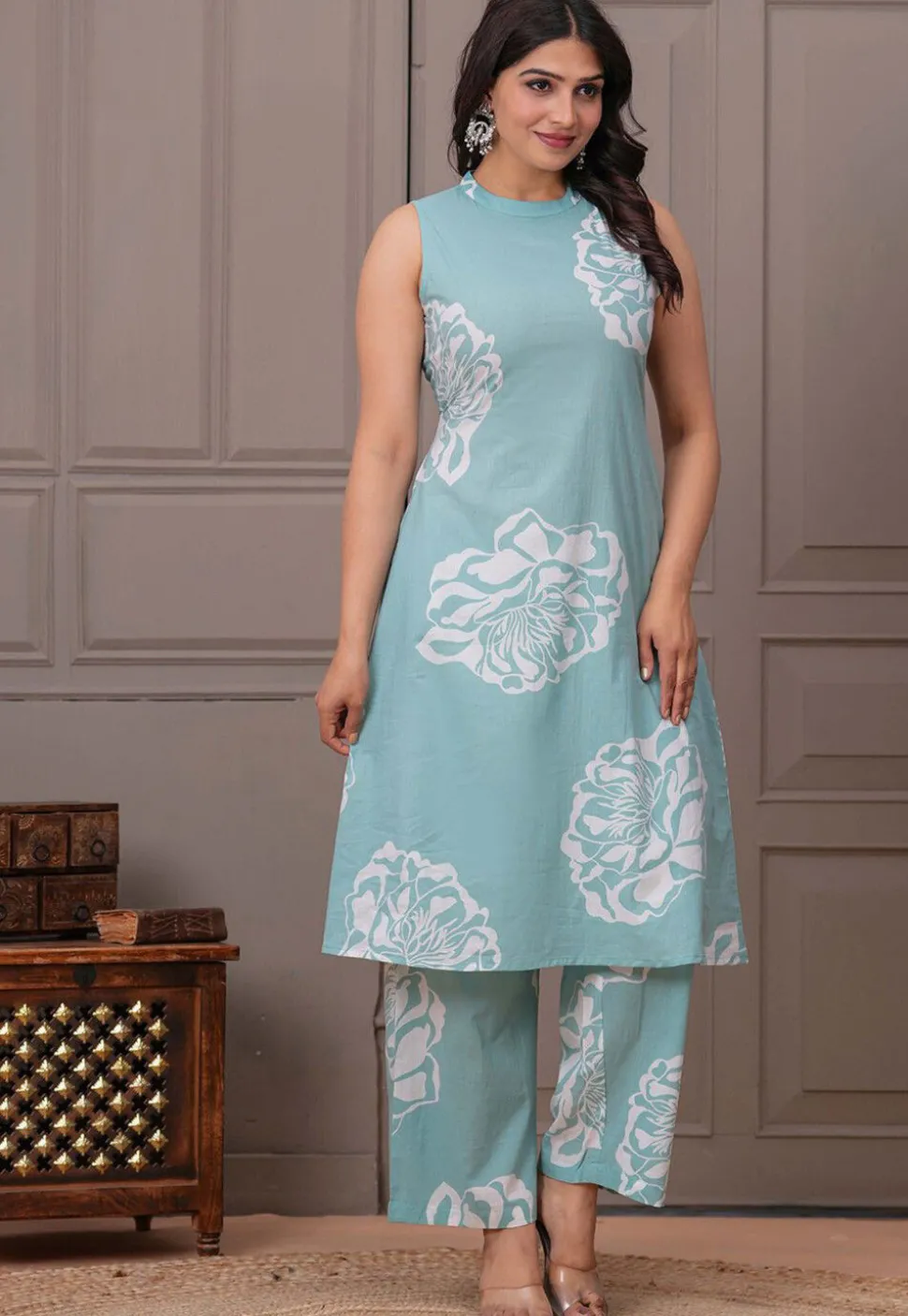 Digital Printed Pure Cotton Co Ord Set in Sea Green