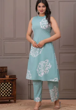 Digital Printed Pure Cotton Co Ord Set in Sea Green