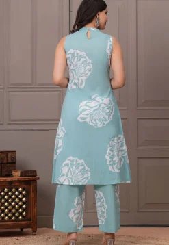Digital Printed Pure Cotton Co Ord Set in Sea Green