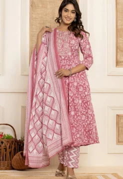 Digital Printed Pure Cotton A Line Suit in Old Rose