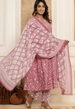 Digital Printed Pure Cotton A Line Suit in Old Rose