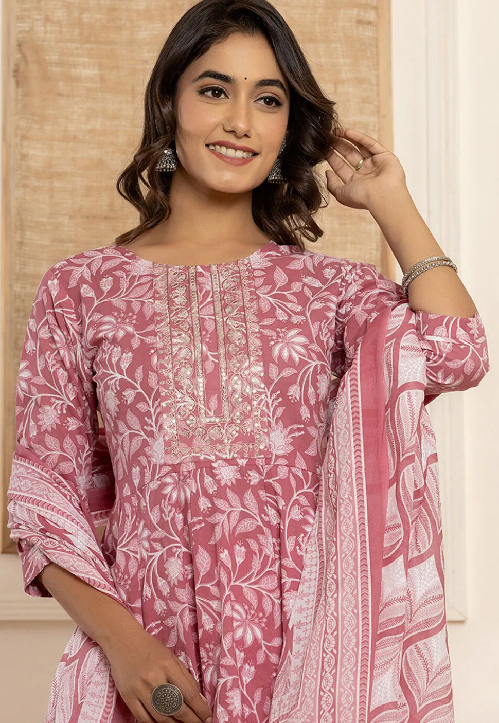 Digital Printed Pure Cotton A Line Suit in Old Rose