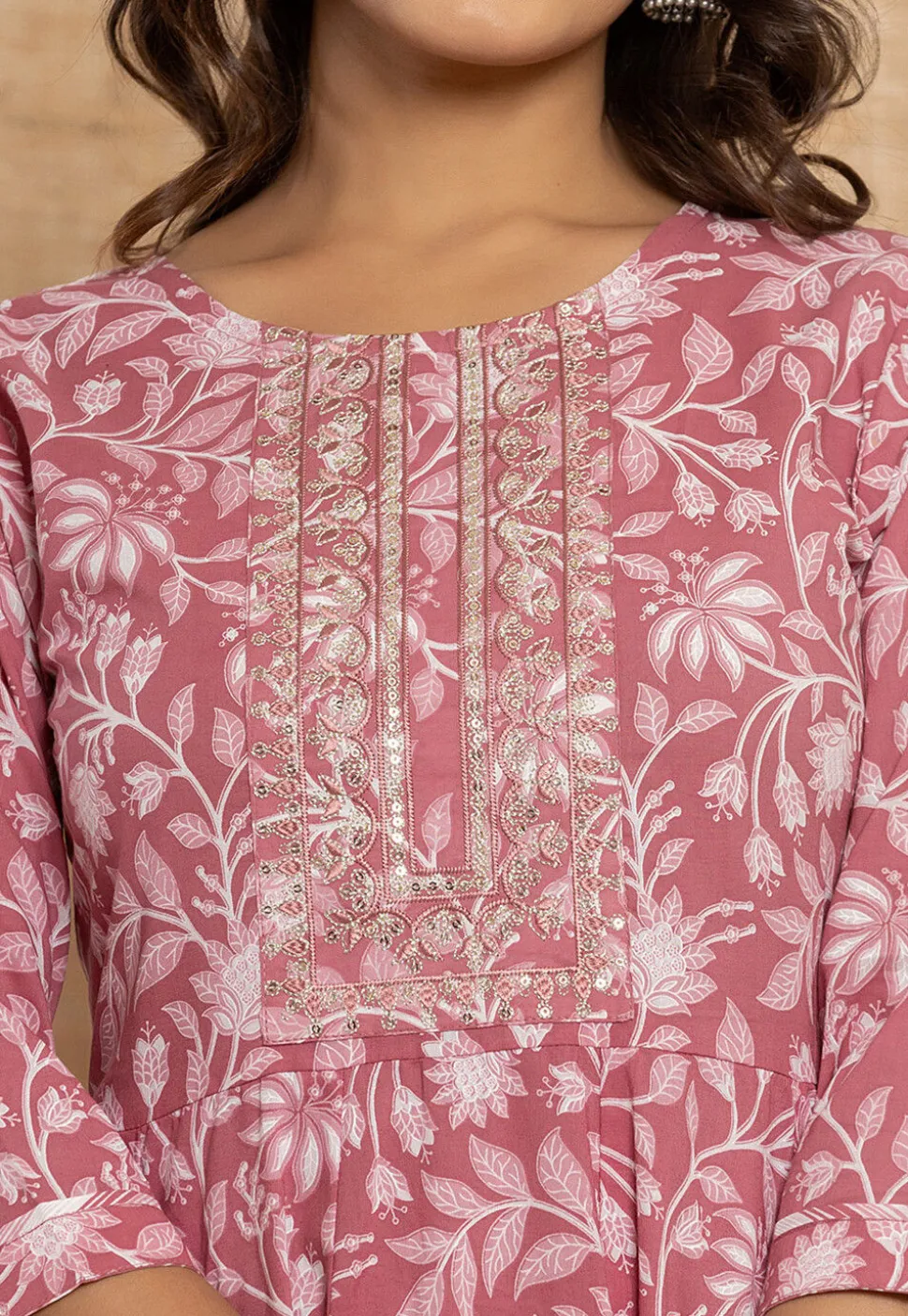 Digital Printed Pure Cotton A Line Suit in Old Rose
