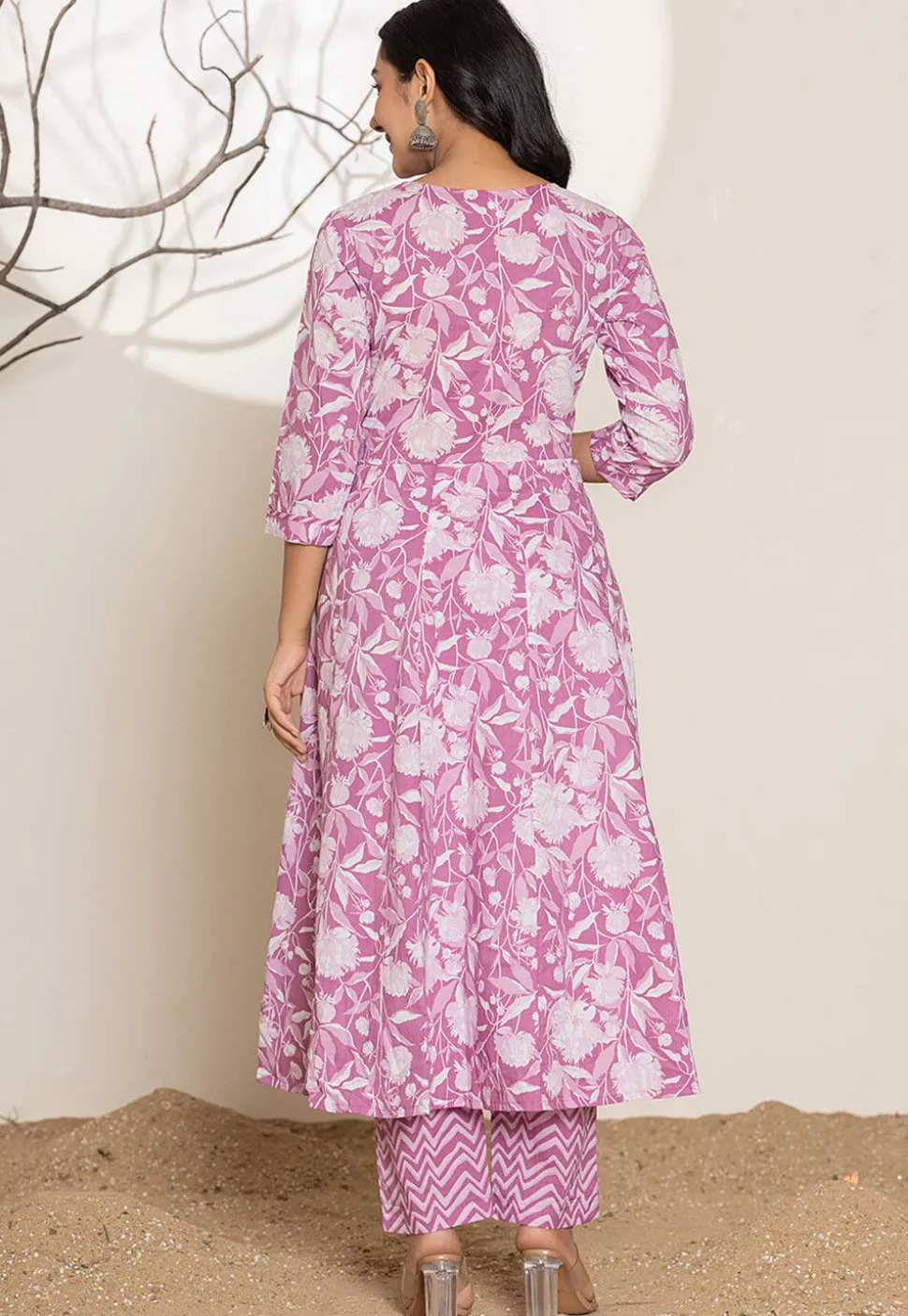 Digital Printed Pure Cotton A Line Suit in Light Purple