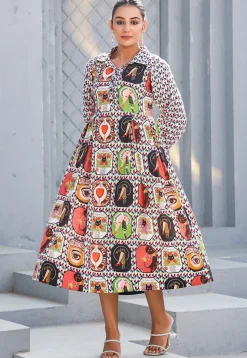 Digital Printed Pure Cotton A Line Dress in Multicolor