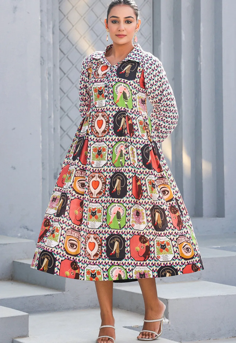 Digital Printed Pure Cotton A Line Dress in Multicolor