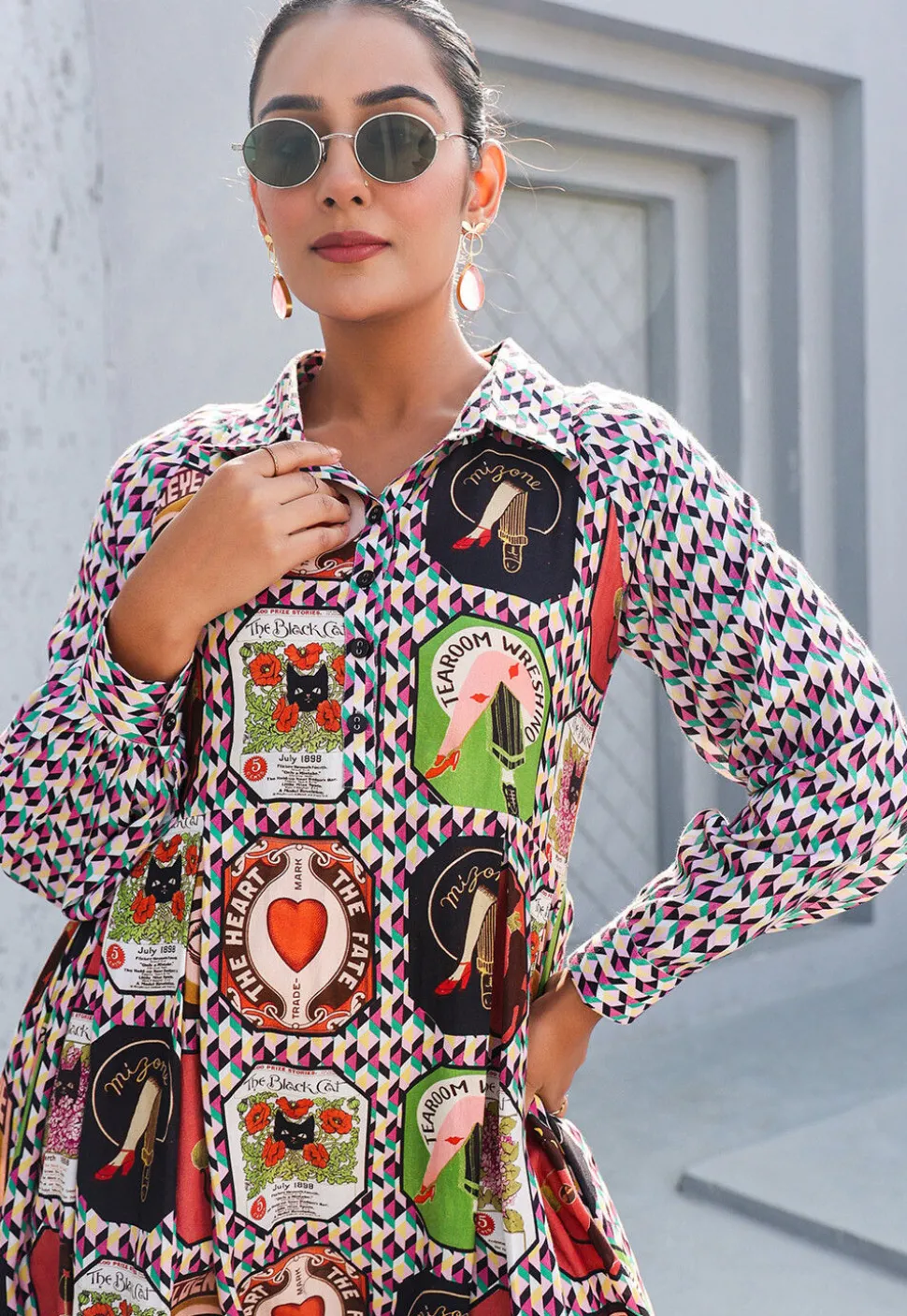 Digital Printed Pure Cotton A Line Dress in Multicolor